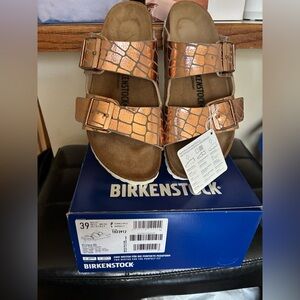 Birkenstock Women’s Arizona Croc-Embossed Metallic Copper Sandals, Size 8.5